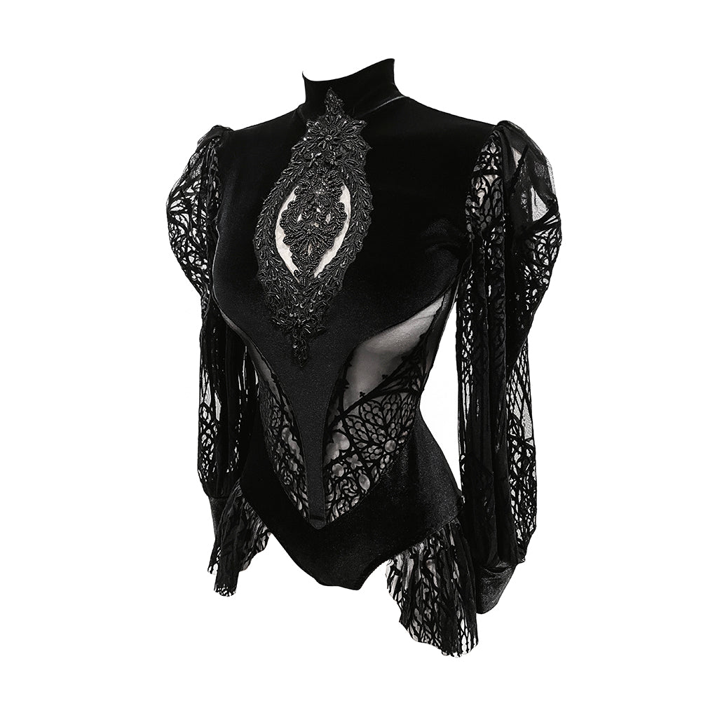 Cathedral Snake Body Gothic Mesh and Velvet Black Bodysuit with Elongated  Sleeves for Women